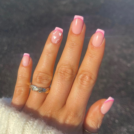 100 Best Valentine’s Day Nails : Light Pink Tips with White Hearts