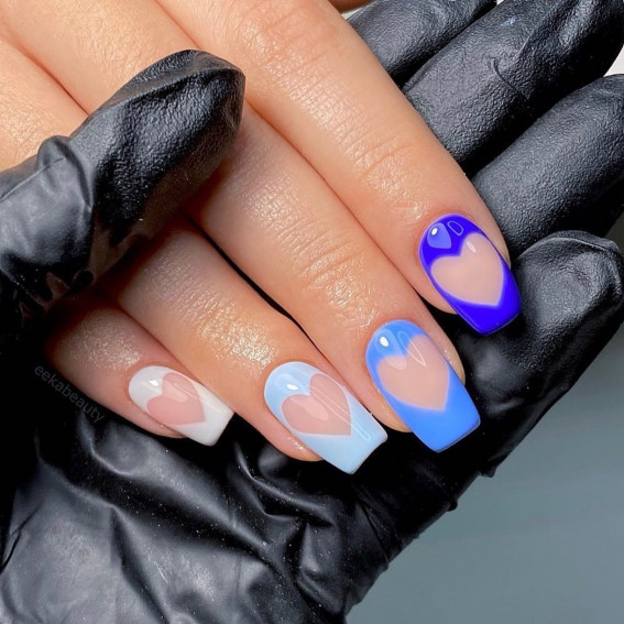 gradient blue nails, valentines day nails, cut out heart nails,