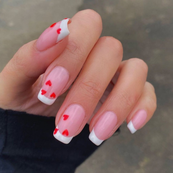 100 Best Valentine’s Day Nails : Classic French Nails with Red Hearts