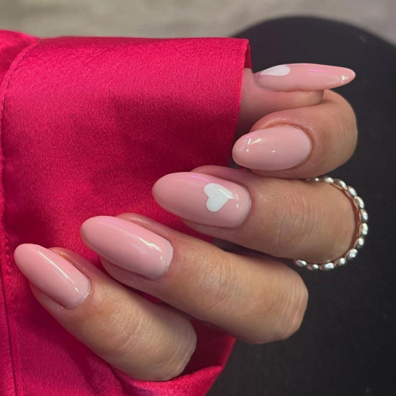 100 Best Valentine’s Day Nails : Nude Nails with White Love Hearts