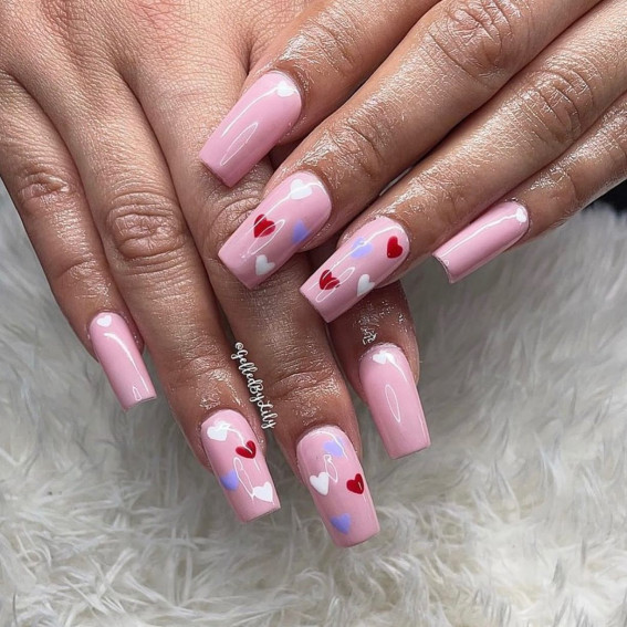 100 Best Valentine’s Day Nails : Pink Coffin Nails with Love Hearts