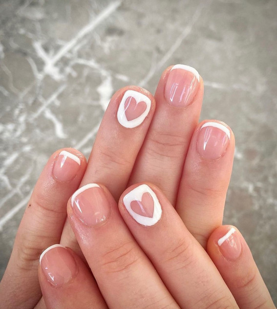 classic french nails with hearts, cut out hearts, white nails , valentines nails