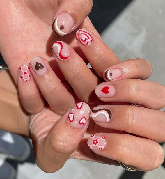 mix and match valentines day nails, valentines day nails 2022, nail art designs, short nails