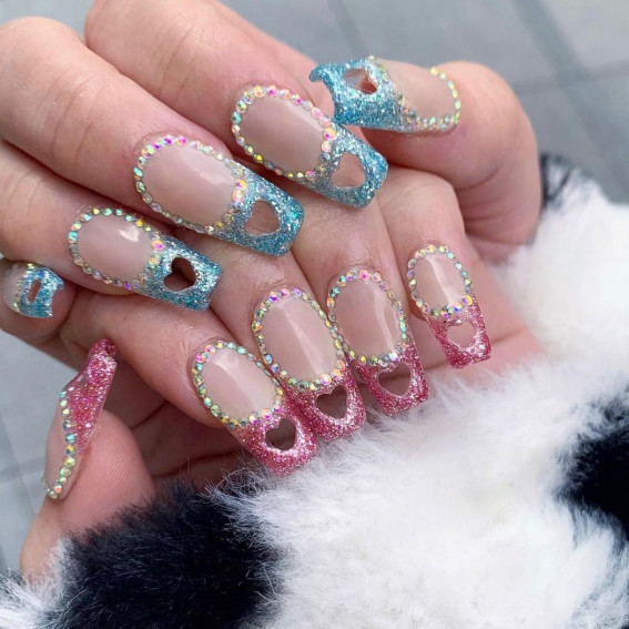 100 Best Valentine’s Day Nails : Glitter Tips with Cut Out Hearts