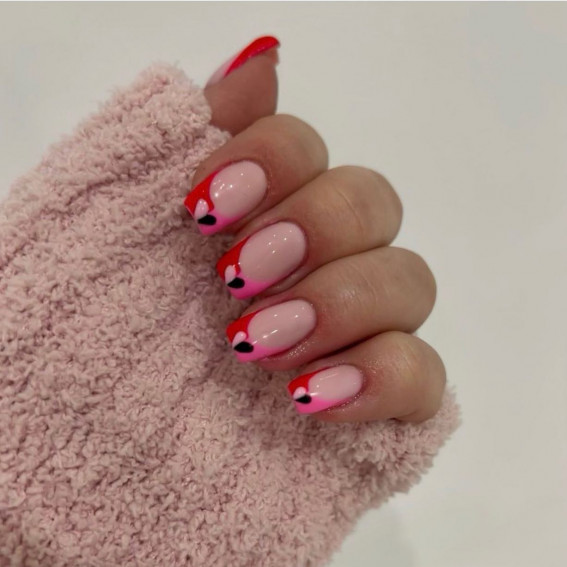 pink and red tip nails, valentines day nails