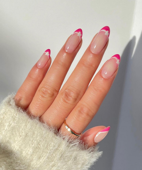100 Best Valentine’s Day Nails : Pink French Tips with White Hearts