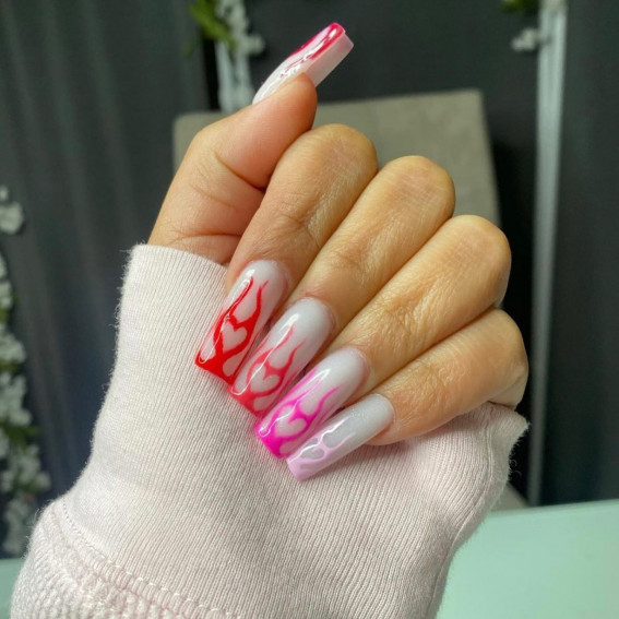 100 Best Valentine’s Day Nails : Different Color Flame Nails