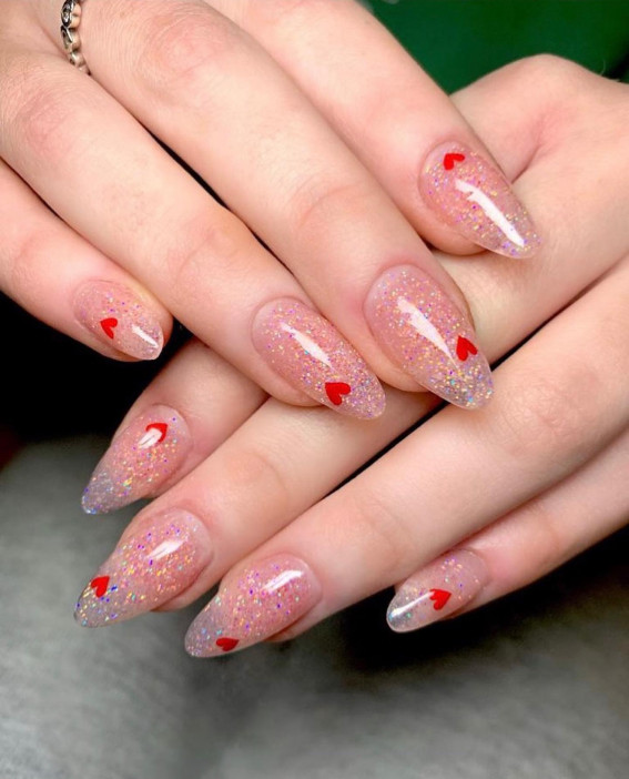 100 Best Valentine’s Day Nails : Shimmery Translucent Nails with Red Hearts