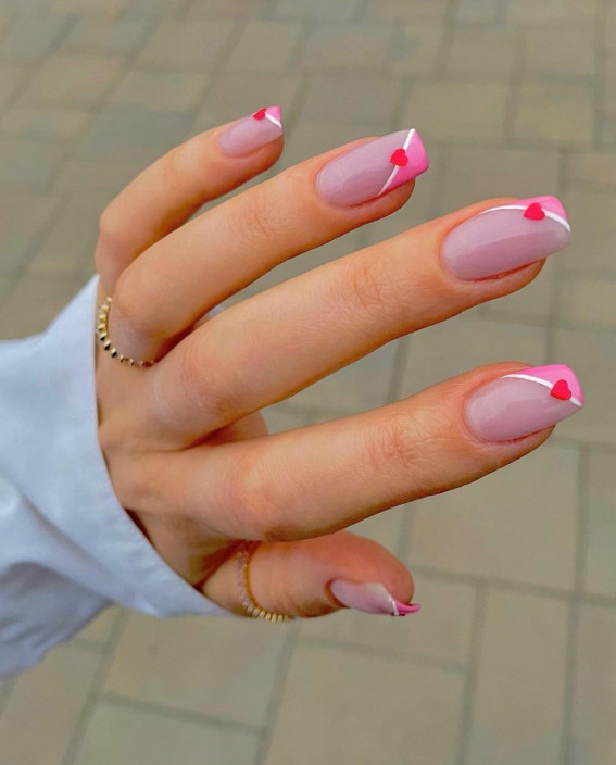 100 Best Valentine’s Day Nails : Pink Side French Nails with Hearts