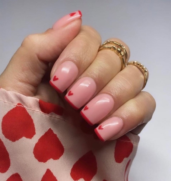 simple valentine's day nails, valentine's day nails 2022, cute nails 2022, trendy nails 2022, valentine nail art, acrylic nails with hearts, heart nails 2022, french heart tip nails, pink nail designs 2021, valentine nails 2022, pink heart nails, simple heart nail designs, love heart nails