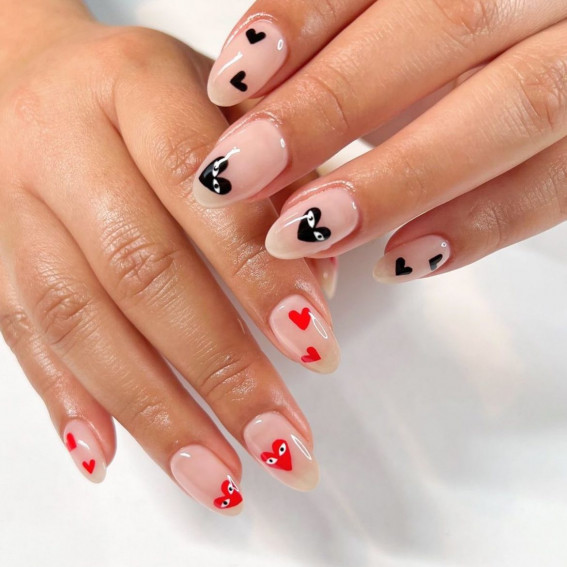 black and red comme des gracons, valentines nails, modern valentines nails