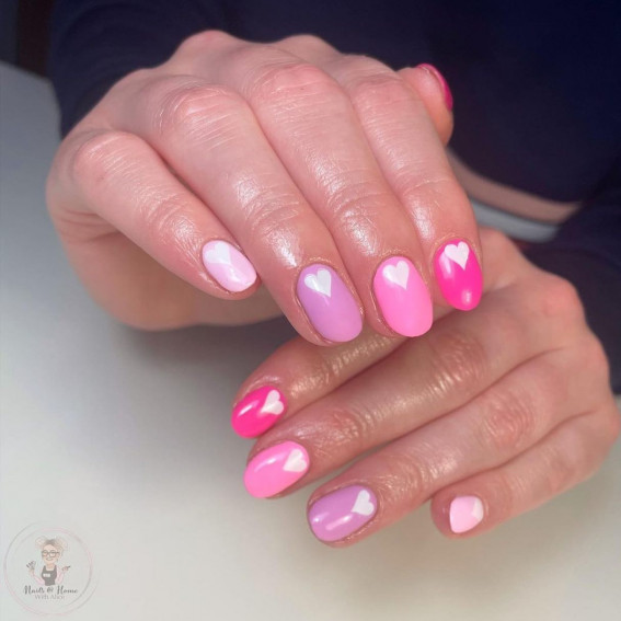 gradient pink nails, valentines day nails, white heart pink nails