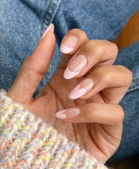 beige tip nails , heart tip nails, beige heart tips, valentines day nails
