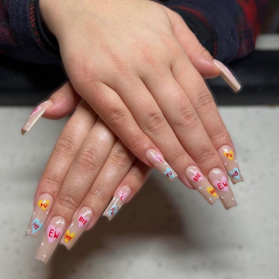 100 Best Valentine’s Day Nails : Candy Love Heart Acrylic Nails