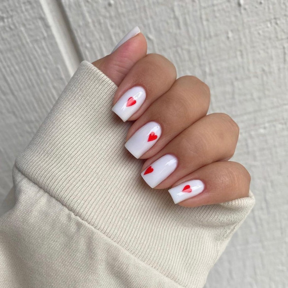 100 Best Valentine’s Day Nails : Simple White Nails with Red Hearts