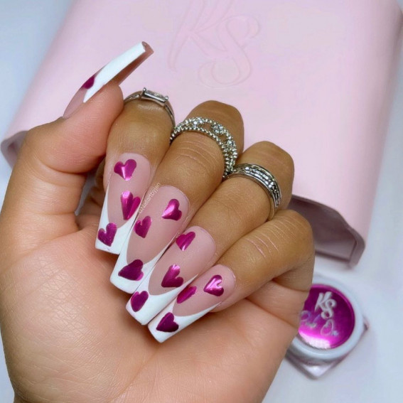 pink chrome heart nails, acrylic french tips, acrylic french manicure, valentines day nails 2022, valentines day nails