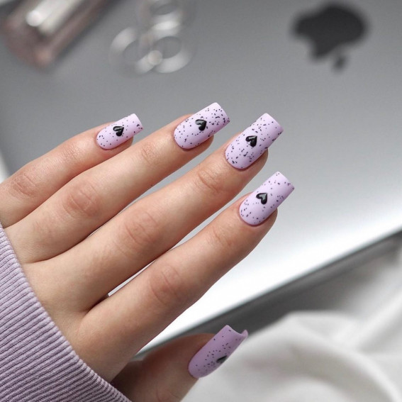 100 Best Valentine’s Day Nails : Black Love Heart Lavender Colored Nails