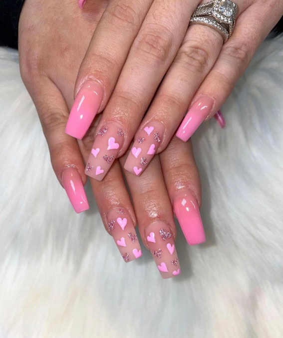 100 Best Valentine’s Day Nails : Acrylic Love Heart Pink Nails