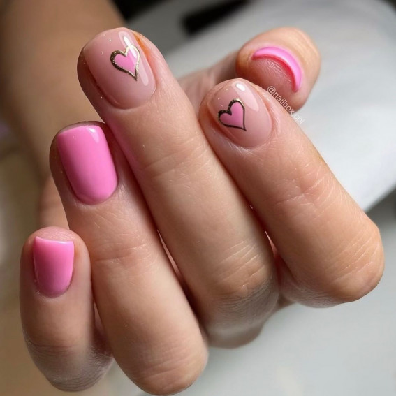 pink nails with hearts, valentines day nails 2022, short pink nails, love heart nails