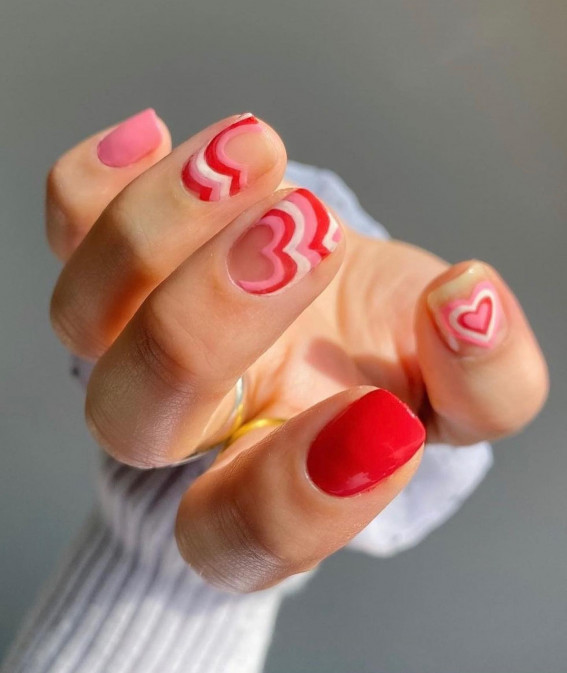 pink and red aesthetic heart nails, love heart nails, modern valentines day nails, valentines nails 2022