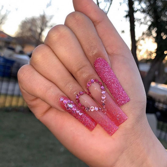 glitter jelly nails, pink jelly nails, valentines day nails, acrylic nails, pink acrylic nails