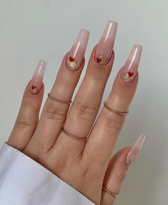 100 Best Valentine’s Day Nails : Simple Nude Nails with Gold Leaf & Red Hearts