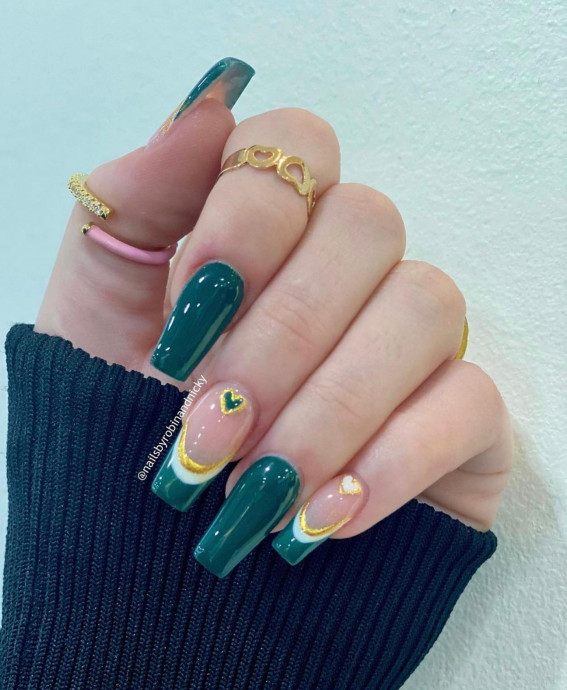 100 Best Valentine’s Day Nails : Emerald Green Nails with Hearts