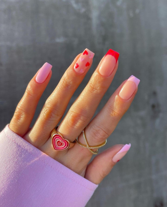 100 Best Valentine’s Day Nails : Pink and Red French Tip Nails with Hearts