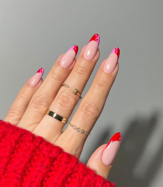 pink and red valentine's day nails, valentine's day nails 2022, cute nails 2022, trendy nails 2022, valentine nail art, acrylic nails with hearts, heart nails 2022, french heart tip nails, pink nail designs 2021, valentine nails 2022, pink heart nails, simple heart nail designs, love heart nails