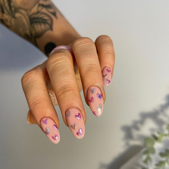 100 Best Valentine’s Day Nails : Matte Nails with Chrome Hearts