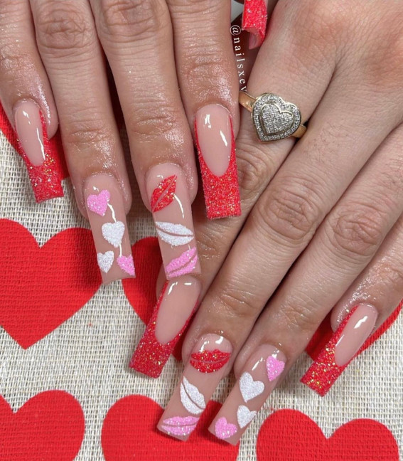 100 Best Valentine’s Day Nails : Kisses, Love Hearts Red Tip Acrylic Nails