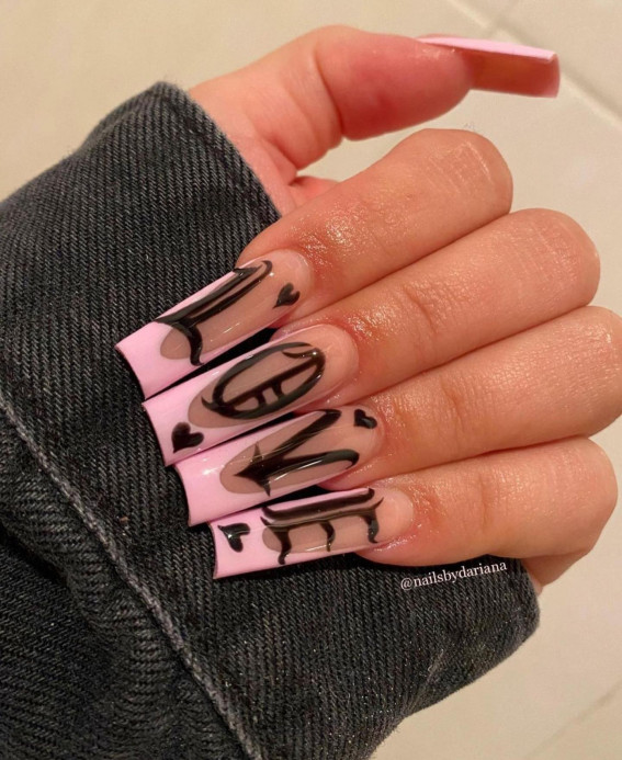 100 Best Valentine’s Day Nails : Pink French Nails with Love Letters