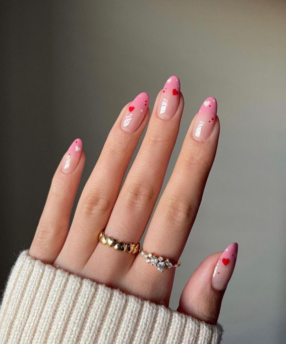 ombre pink tips with hearts, valentines day nails