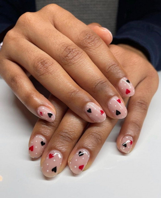 100 Best Valentine’s Day Nails : Black and Red Heart Short Nails