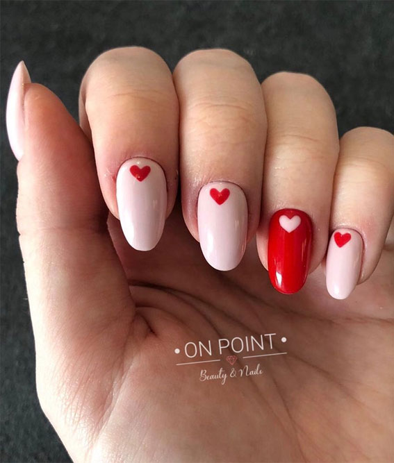 35 Cute Valentine’s Day Nails You’ll Want To Wear : Pink and Red Nails with Small Hearts