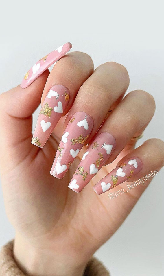 35 Cute Valentine’s Day Nails You’ll Want To Wear : White Heart Coffin Nails