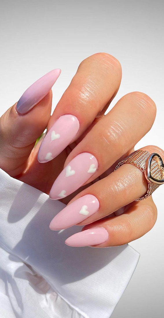 pink nail with white heart, valentine nails 2022, valentine's day nails 