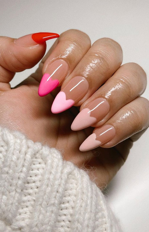 valentine's day nails 2022, heart tip nails 2021, love heart french tip nails, gel nails for valentines day, valentine nails, valentine's day nail designs, pink nails, french tip valentine nails, heart tip nails, february nails 2021, valentines day nails 2021 almond