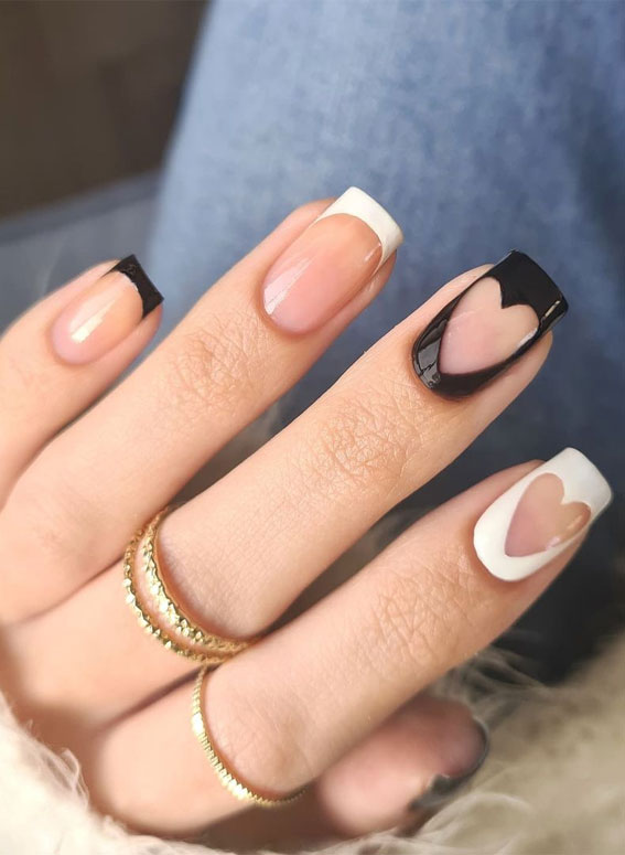 black and white valentine nails, black and white cut out heart nails, valentine nails 2022, valentine's day nails 2022