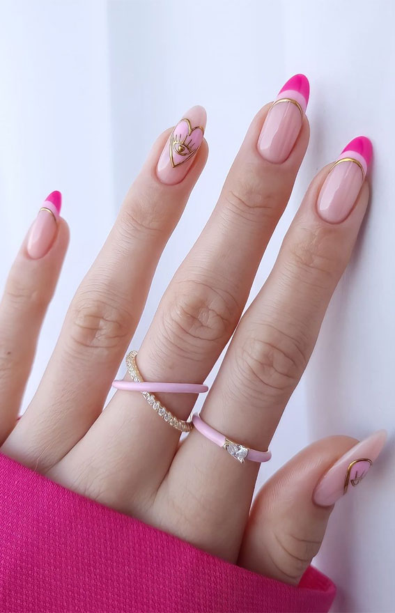 pink french tip valentine nails, pink french tip gold love heart nails, valentine nails 2022