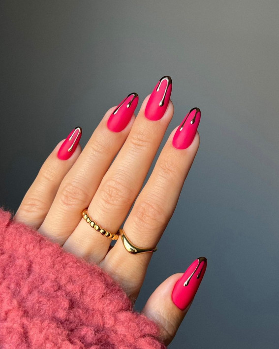 100 Best Valentine’s Day Nails : Hot Pink Nails with Gold Drips