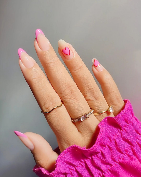 pink french tip nails, valentine's day nails 2022, valentine nails, pink love heart nails, cute love heart nails, valentine nails 2022, heart nails 2022, heart tip nails, heart nails brown, red nails, pink nails 2022