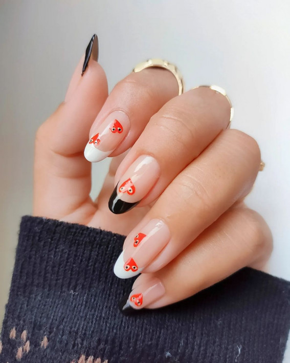 black and white french tip with comme des gracons, valentines day nails, french valentines nails, mondern valentines day nails, black and white french manicure