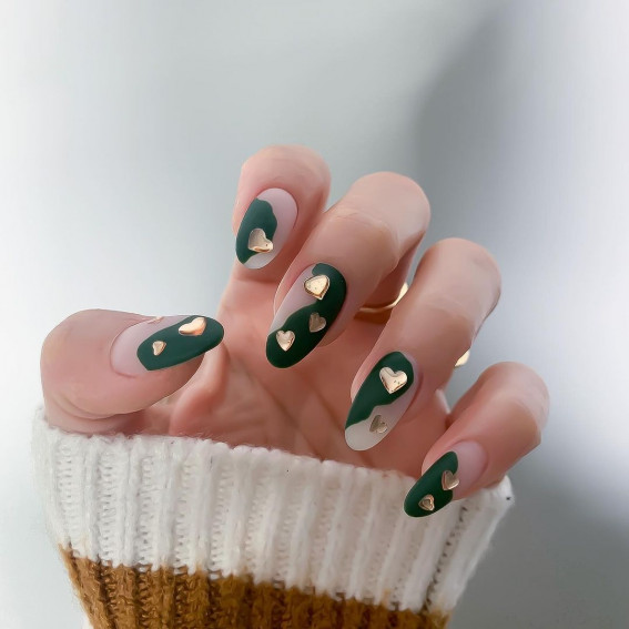 100 Best Valentine’s Day Nails : Abstract Green and Nude Nails with Hearts