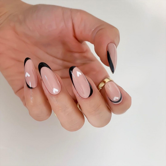 100 Best Valentine’s Day Nails : Black and White French Nails with Hearts