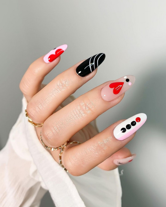 100 Best Valentine’s Day Nails : Black, Red and White Valentine’s Nails