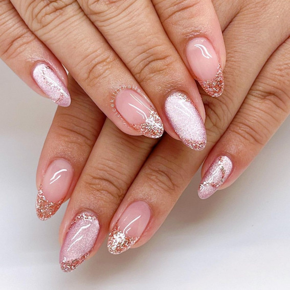 rose gold glitter nails, valentines day nails, glitter nails 2022