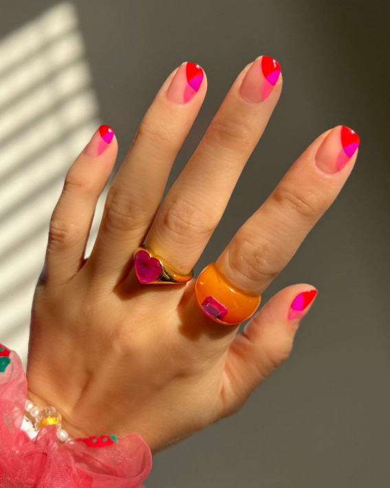 100 Best Valentine’s Day Nails : Pink and Red Abstract Tips