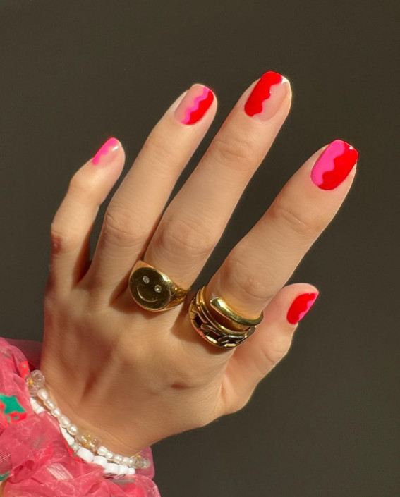 100 Best Valentine’s Day Nails : Half Pink and Half Red Abstract Nails