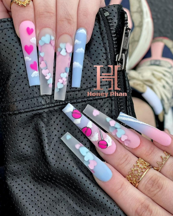 acrylic nails, long nails, valentines day nails, cloud nails